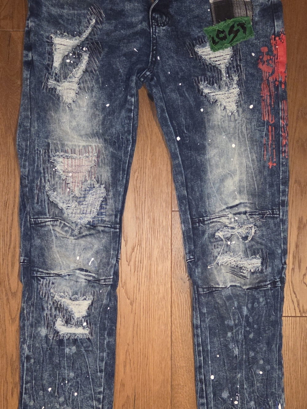 Distressed Blue Men's Jeans with Red Paint-Accent 34x32